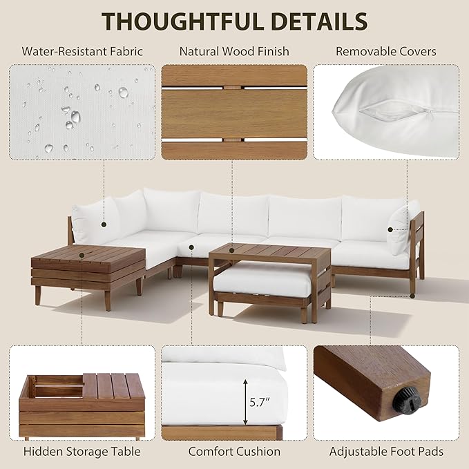 VilroCaz 8-Piece Acacia Wood Outdoor Patio Sofa Set, Modular Sectional Furniture Set with Storage Tea Table, Coffee Table, All-Weather Conversation Set with Cushions for Backyard Poolside
