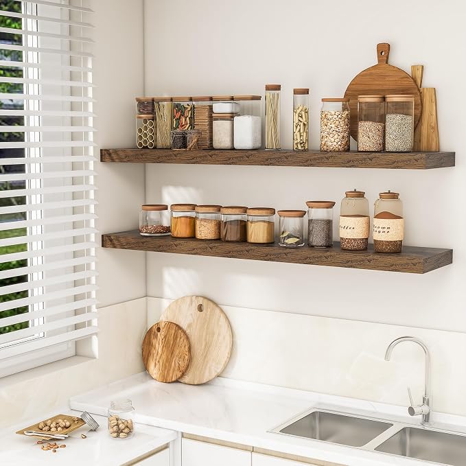 RICHFOCUS 55Inch Floating Shelves for Wall 1 Pack Shelves for Bedroom|Kitchen|Bathroom Wall Mounted Rustic Wood Floating Shelf with Invisible Brackets for Books|Storage|Decor, Rustic Brown