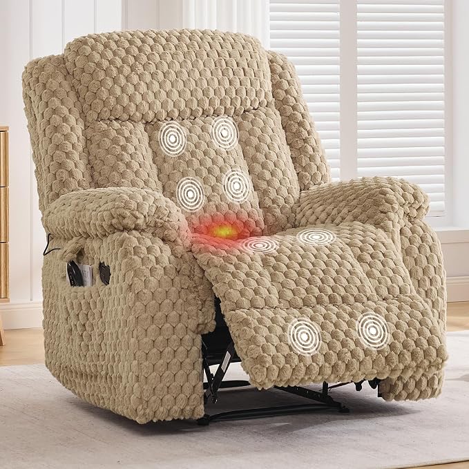 Massage Recliner Chair with Heat, Plush Faux Fur Recliner Chairs for Adults, 39" Wide Manual Reclining Ergonomic Lounge Chair, Overstuffed Wall Hugger Recliners for Living Room, Sand Yellow