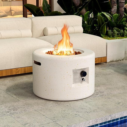 Tangkula Propane Fire Pit Table, 25.5” Round Terrazzo Gas Fire Pit with Stainless Steel Burner & Lava Rocks, Protective Cover & Tank Seat Included, 40,000 BTU Smokeless Fire Pit for Outside Patio