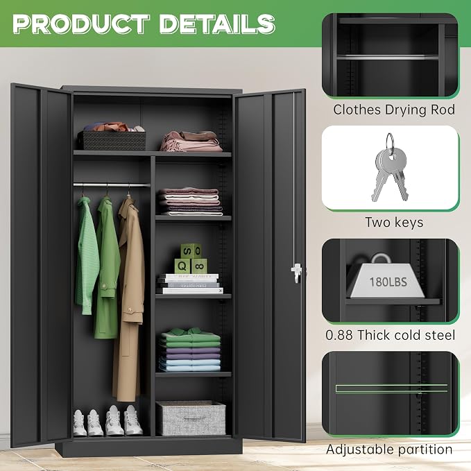 INTERGREAT Metal Wardrobe Closet, 72" Black Locking Storage Wardrobe Cabinet with Locking Doors and Adjustable Shelves, 18" D x 36" W Tall Steel Clothes Storage for Office, Home, School, Gym