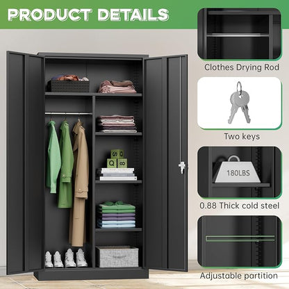 INTERGREAT Metal Wardrobe Closet, 72" Black Locking Storage Wardrobe Cabinet with Locking Doors and Adjustable Shelves, 18" D x 36" W Tall Steel Clothes Storage for Office, Home, School, Gym