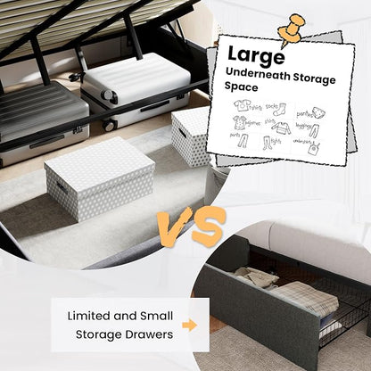 SHA CERLIN Full Size Lift Up Storage Bed/Modern Wingback Headboard/Upholstered Platform Bed Frame/Hydraulic Storage/No Box Spring Needed/Wood Slats Support/Grey Blue