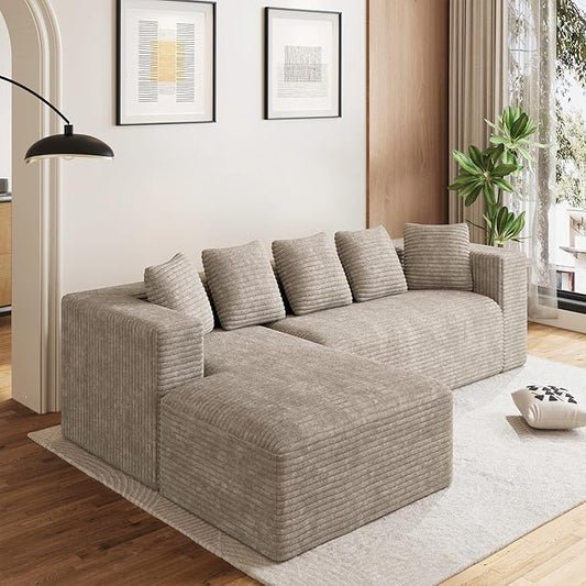 Oversized L Shaped Boneless Sectional Couches for Living Room, 107" Comfy Fluffy Cloud Modular Sectional Sofa, Plush Corduroy Memory Foam Floor Sofa with Left Facing Chaise Couch