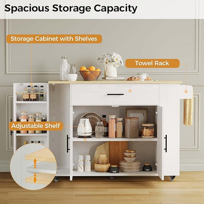 IRONCK Rolling Kitchen Island Table on Wheels with Drop Leaf, Storage Cabinet and Drawer, 52 in Kitchen Cart with Spice and Towel Rack for Kitchen, White