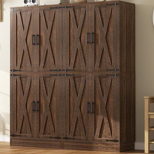 Unikito 71" Tall Kitchen Pantry Cabinet with Farmhouse Barn Doors and Storage Drawer, 8 Adjustable Shelves, Freestanding Cupboard for Dining Room, Living Room, Utility Room, Weathered Brown 2 Pack