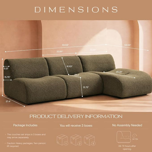 Curved Sectional Modular Couch with Chaise, Modern 106.3'' Boneless Sofa with Deep Seat, Sherpa Boucle Cloud Couch for Living Room, Cozy Teddy L-Shaped Couches，No Assembly, Green