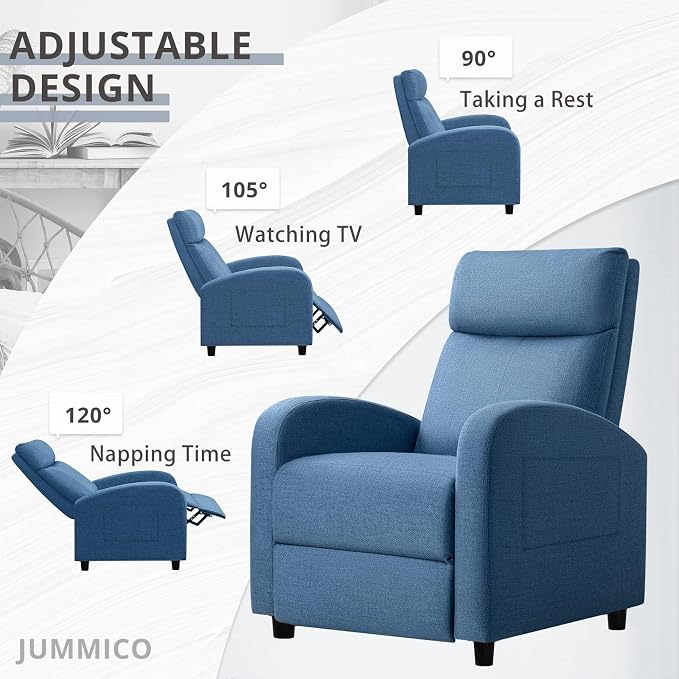 JUMMICO Recliner Chair Adjustable Home Theater Single Recliner Sofa Furniture with Thick Seat Cushion and Backrest Modern Living Room Recliners (Fabric, Light Blue)