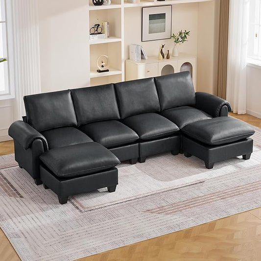 118" Faux Leather Modular Sectional Sofa with 2 Ottoman, Oversized 4 Seater Couch with Curved Armrests, Cloud Modern U-Shaped Sofa Deep Seat for Living Room, Black