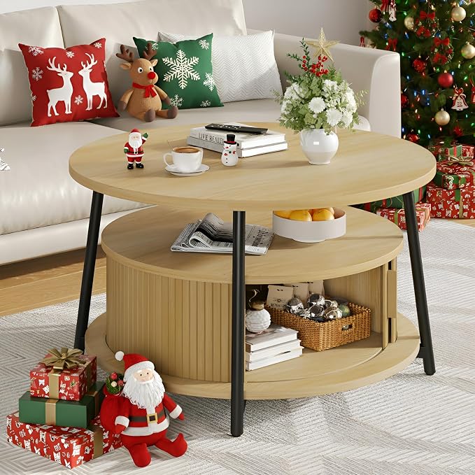 31.5 Inch Round Coffee Table with Storage, Fluted Coffee Tables with 2 Tiers, Mid-Century Modern Center Table with 2 Sliding Doors and Adjustable Footpad for Living Room, Oak