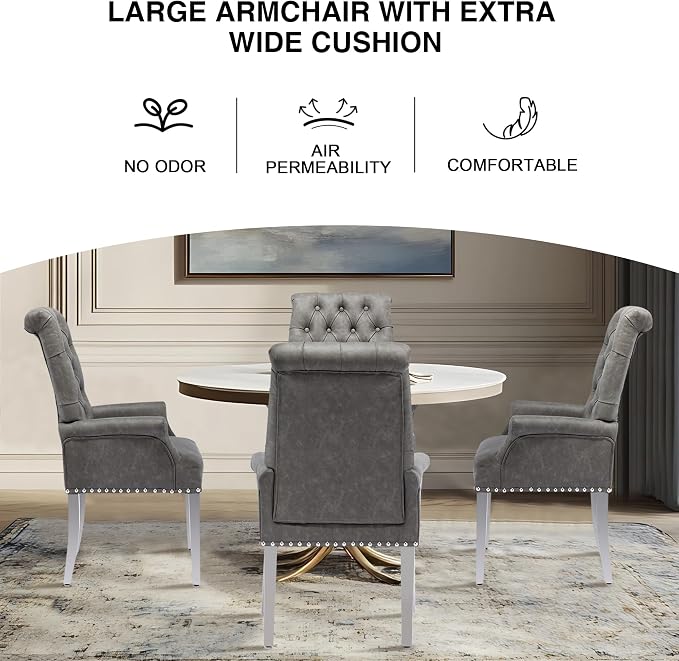 AODCHR Upholstered PU Leather Accent Dining Chair, Elegant Tufted Dining Room Kitchen Room Arm Chair with Stainless Steel Leg, Grey