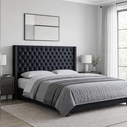 Madison Park Queen Wingback Upholstered Tufted Headboard, Featuring High-Density Sponge Padding, Adjustable Height Headboard, Easy Assembly, Black Velvet