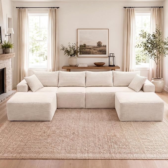 Claiks 120" Boneless Couch, Cloud Couch Sectional, U-Shape Corduroy Modular Sectional Sofa Deep Seat, Upholstered Couches for Living Room, No Assembly Required, Beige