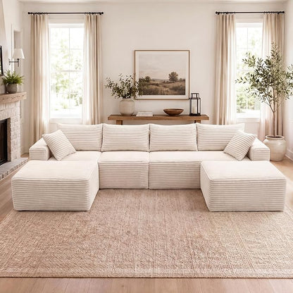 Claiks 120" Boneless Couch, Cloud Couch Sectional, U-Shape Corduroy Modular Sectional Sofa Deep Seat, Upholstered Couches for Living Room, No Assembly Required, Beige