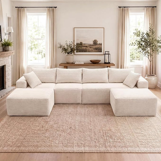 Claiks 120" Boneless Couch, Cloud Couch Sectional, U-Shape Corduroy Modular Sectional Sofa Deep Seat, Upholstered Couches for Living Room, No Assembly Required, Beige
