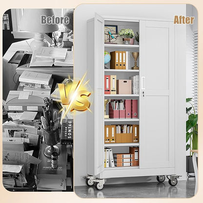 74" H Metal Pantry Storage Cabinet with Wheels,Rolling Kitchen Pantry Cabinet with 2 Doors and 5 Adjustable Shelves, Locker Steel Cabinet,Organization Cabinet for Garage,Home,Gym,School,White