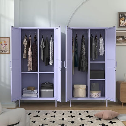 67" Industrial Lockable Metal 2-Door Wardrobe Storage Cabinet with Hanging Rod & Adjustable Shelves, Heavy Duty Multipurpose for Bedroom, Garage, Home Office, Purple 67" H X 31.5" W X 18.1" D