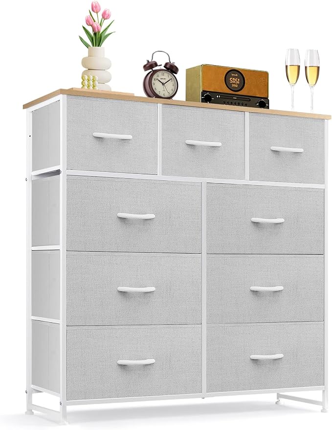 9-Drawer Dresser for Bedroom, Anti-Tip Tall Storage Organizer Chest of Drawers with Wooden Top and Metal Frame Fabric Bins for Closet, Living Room, Hallway, Entryway, Light Gray