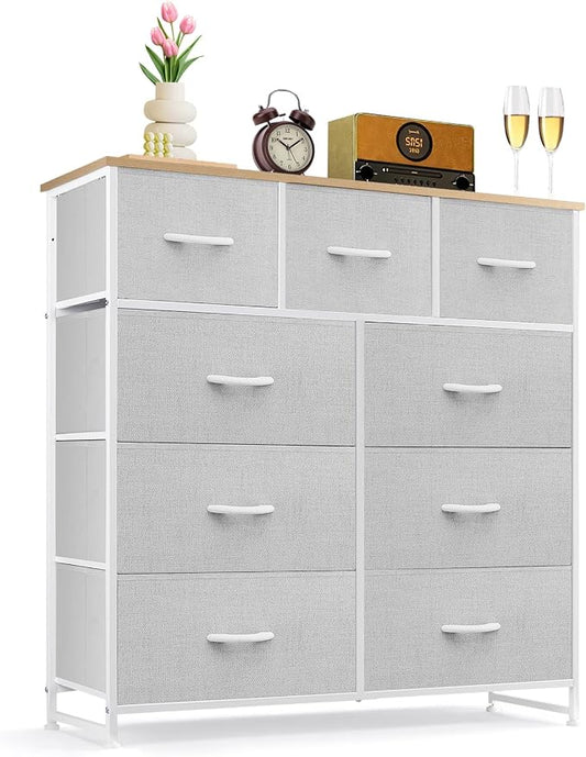 9-Drawer Dresser for Bedroom, Anti-Tip Tall Storage Organizer Chest of Drawers with Wooden Top and Metal Frame Fabric Bins for Closet, Living Room, Hallway, Entryway, Light Gray