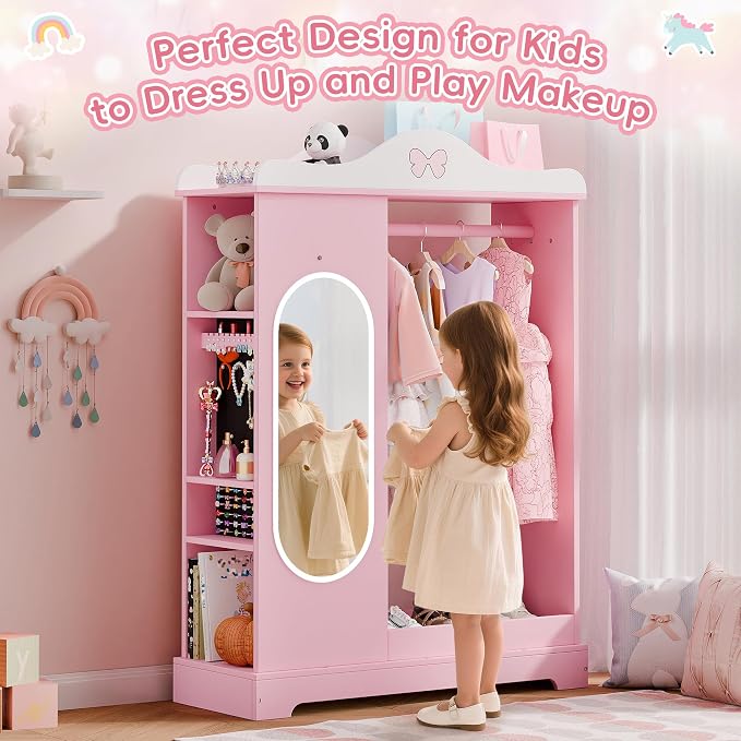 Xilingol Kids Armoire Dress Up Storage with Mirror, Kids Wardrobe Closet with Jewelry Cabinet and Storage Shelves, Open Hanging Armoire Costume Organizer for Bedroom (Pink)