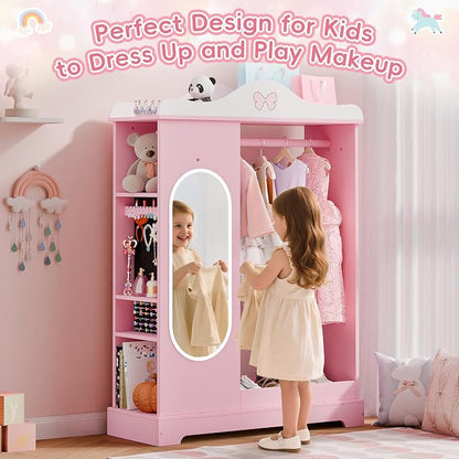 Xilingol Kids Armoire Dress Up Storage with Mirror, Kids Wardrobe Closet with Jewelry Cabinet and Storage Shelves, Open Hanging Armoire Costume Organizer for Bedroom (Pink)