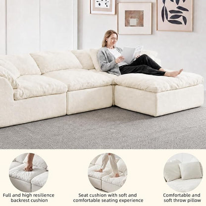 110" Boneless Cloud Couch Sectional for Living Room, Oversized Modular L Shaped Sofa with Ottoman, Deep Seat Chenille Sectional Couch for Cloud-Like Comfort (Beige)