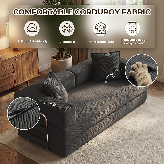 GRUSIGN 78 Inch Convertible Sofa Bed, 5-in-1 Futon Sofa Bed Pull Out Couch, Boneless Couch Bed for Living Room, Corduroy Boneless Couches for Bedroom, Apartment, No Assembly Sleeper Sofa Bed, Gray
