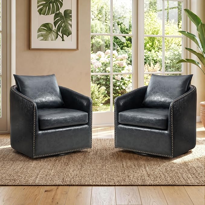 HAOMARKETS 360 Degree Swivel Accent Chair Set of Two with Plump Back Pillow, Waterproof Oil Waxed PU Leather Swivel Armchair with Rivets, Comfy Vintage Round Barrel Chair for Living Room