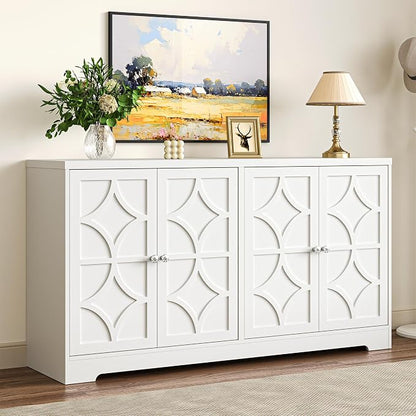 RoyalCraft 112'' Buffet Cabinet with Storage, Modern Sideboard with 4 Carved Doors, Large Wood Coffee Bar Console Table for Kitchen, Dining Room, Entryway, Living Room, Satin White