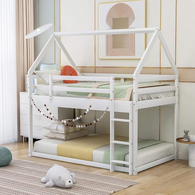 Merax Modern Floor Bunk Bed with Ladder Twin Over Twin, Wood House Shaped Bunk Bed Frame for Kids Boys Girls, No Box Spring Needed White