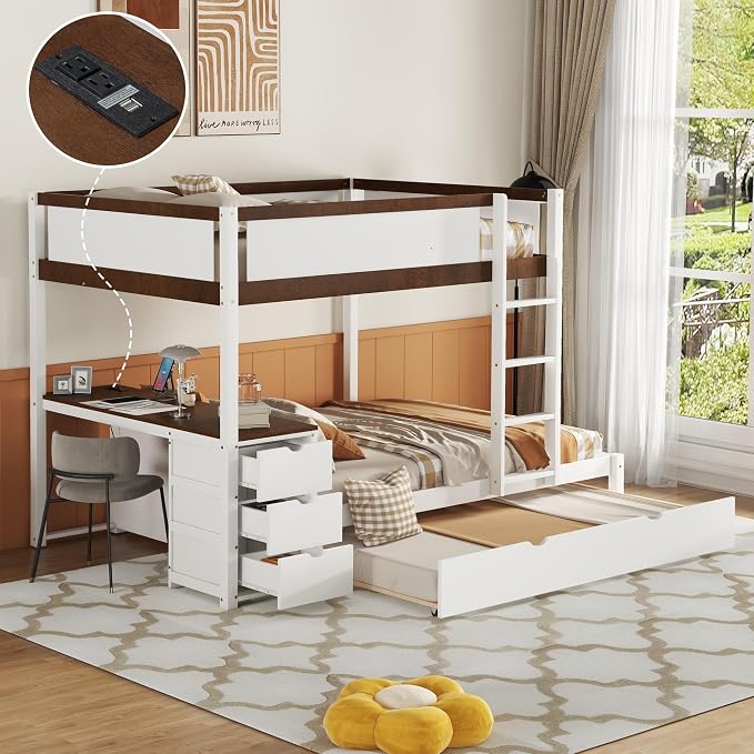 Harper & Bright Designs Full Over Full Bunk Bed Twin Size Trundle, Wood Full Bunk Bed with USB Ports, Storage and Desk, White+Walnut