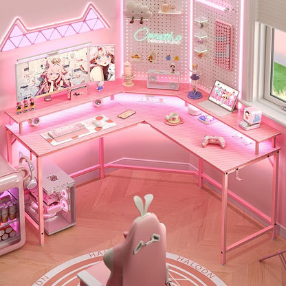 Huuger L Shaped Gaming Desk with Power Outlets & LED Lights, Computer Desk with Monitor Shelves, Carbon Fiber Surface, Home Office Desk, Corner Gaming Desk with Hooks, Carbon Fiber Pink
