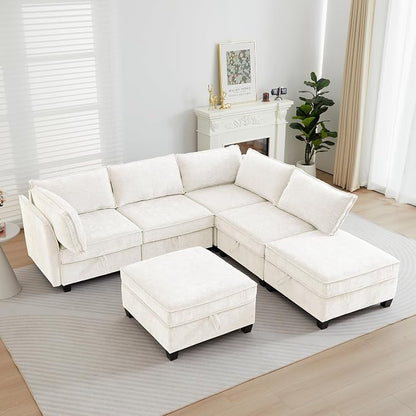 ORRD Corner Modular Sectional Sofa Set, Convertible L Shaped Couch with Storage, 6 Seater Sofa Modular with Ottomans and Reversible Chaise for Living Room, Office (Beige)