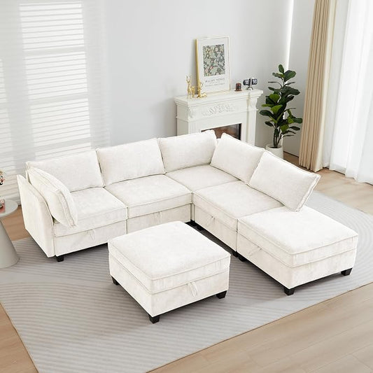 ORRD Corner Modular Sectional Sofa Set, Convertible L Shaped Couch with Storage, 6 Seater Sofa Modular with Ottomans and Reversible Chaise for Living Room, Office (Beige)