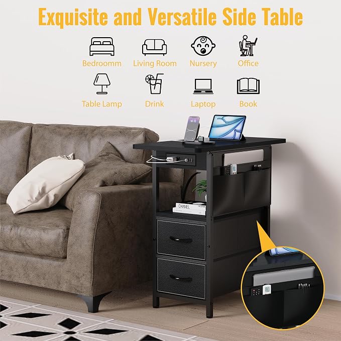 Yenlure Small Side Table with Charging Station, Narrow Nightstand Bedside Tables with Storage Pocket for Living Room Bedroom, Sofa End Table with USB Ports and Power Outlets for Small Spaces