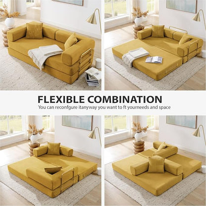 4-in-1 Folding Convertible Sofa Bed, 78 Inch Boneless Couch with Fixed-Shape Frame, Corduroy Loveseat Sleeper with Pull Out Bed, Floor Sofa Modular Futon Couch for Living Room Bedroom Lounge (Yellow)