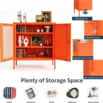 Orange Metal Locker CabinetsMetal Locker Storage Cabinet with Mesh Doors and Adjustable Shelves Coffee Bar Cabinet,Kitchen Pantry Storage Cabinets for Home, Office, Entryway and Hallway ﻿