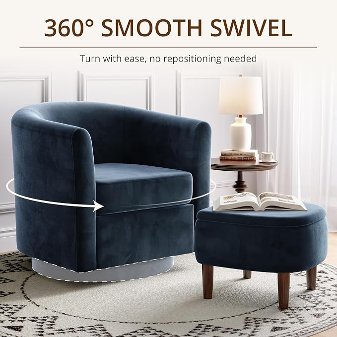 Swivel Accent Chair with Storage Ottoman, Small Modern Velvet Barrel Chair, Upholstered Armchair with Footrest for Living Room/Reading/Bedroom, 24.8'' D x 25.38'' W x 25.6'' H, Blue