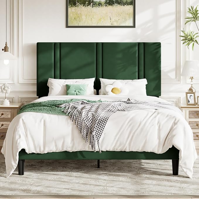 Allewie Full Size Platform Bed Frame with Adjustable Headboard, Plush Velvet Upholstered, Vertical Channel Tufted, Sturdy Wooden Slats, No Box Spring Needed, Easy Assembly, Green