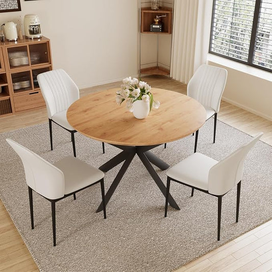HIPIHOM 43.2"-59.1" Extendable Round Kitchen Table with 4 PU Leather Chair | Mid century modern oak finish, sturdy MDF, space saving design, for 4-6 person, dining & coffee use