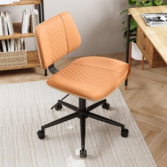Modern Armless Office Chair with Wheels, Adjustable Swivel Desk Chair with Wide Seat and Tilt Function, Faux Leather Mid Century Task Chair for Home Office, Bedroom, Vanity, Brown