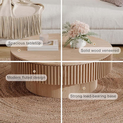 Round Coffee Table with Storage, Modern Wooden Coffee Table with Solid Wood Veneered, Circle Center Table Accent Tea Table for Living Room Apartment Small Space (31.5''L × 31.5''W × 14''H, Natural)