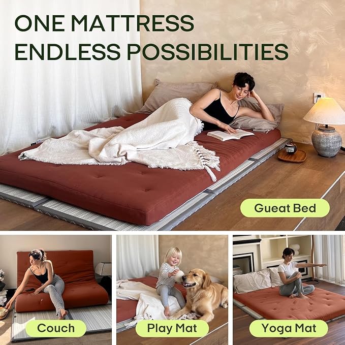 ZonLi Japanese Floor Futon Mattress King Size 76"x 80",100% Cotton Cover 4'' Thicken Tatami Mattress,Foldable Sleeping Pad,Portable Dormitory Tatami Mat,Roll Up Floor Lounger Bed for Adult (Cinnamon)
