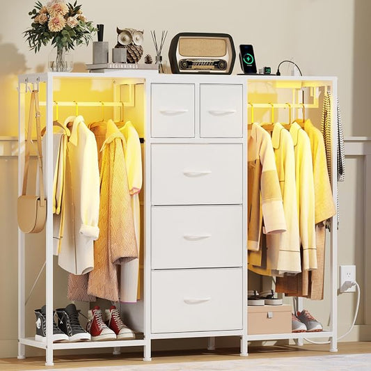 HIGDBFE 5-Drawer Dresser with 2 Hanging Racks, White, 49.2" W | LED Lights&Charging Station, Hooks, Wooden Top, Fabric Drawer, Dresser TV Stand for Bedroom, Dorm