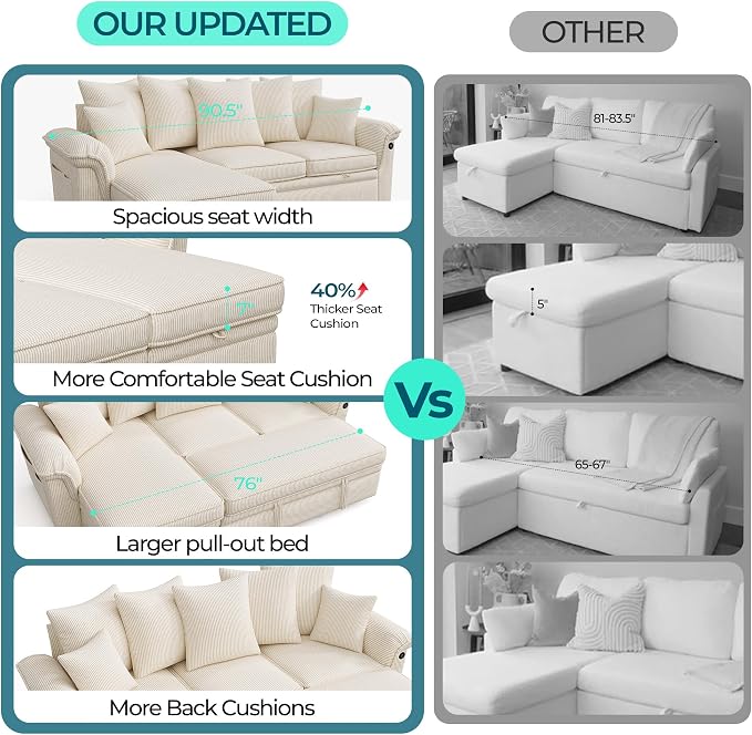 LINSY HOME 90.5'' Sectional Sleeper Sofa with Pull Out Couch Bed Modular (Beige, 90.5'') | USB Charging