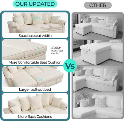 LINSY HOME 90.5'' Sectional Sleeper Sofa with Pull Out Couch Bed Modular (Beige, 90.5'') | USB Charging