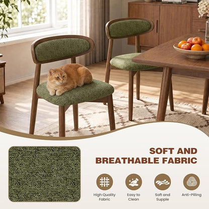 Wooden Dining Chairs Set of 6, Modern Fabric Upholstered Dining Room Chair, Kitchen Side Chairs, Farmhouse Dinner Chair with Curved Back for Kitchen, Green
