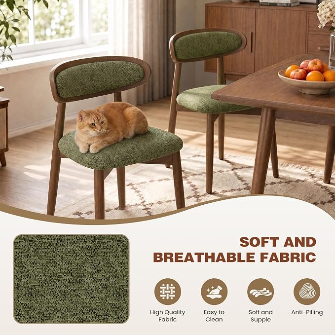 Wooden Dining Chairs Set of 4, Modern Fabric Upholstered Dining Room Chair, Kitchen Side Chairs, Farmhouse Dinner Chair with Curved Back for Kitchen, Green