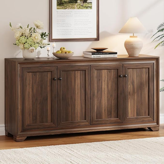 ONBRILL 60" Buffet Cabinet with Storage, 4 Doors Sideboard Buffet Cabinet with Adjustable Shelves, Modern Coffee Bar Console Table for Living Room, Kitchen, Entryway, Brown