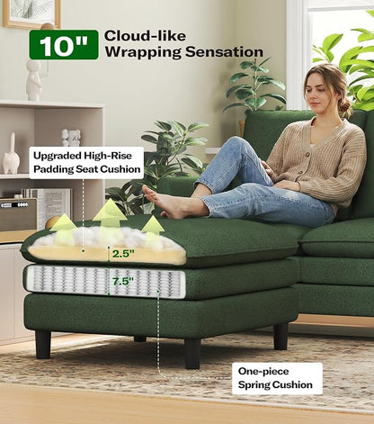 Welzona 3-Layers Cloud L Shaped Couch, 51" Loveseat Sofa Living Room, Bedroom - Tool-Free Assembly with Teddy Fabric Small L Shape Sofa - Green - Removable Washable Covers - 650lbs Capacity